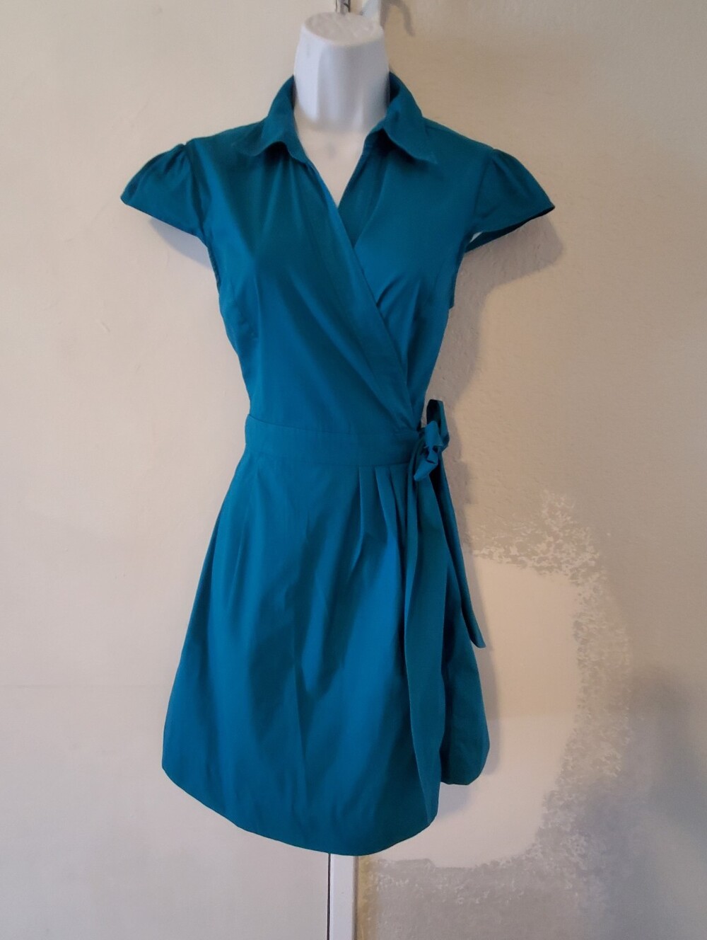 Banana Republic Teal Blue Cotton Wrap Dress Size 4 Shirt Dress Cap Sleeve V Neck